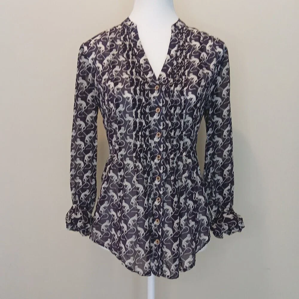 Maeve Animal Print Semi-Sheer Popover Blouse Eggplant Purple Size 2 - Picture 4 of 8